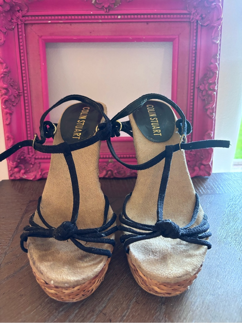 Colin Stuart Black Suede T-Strap Wedge Sandals with Braided Platform